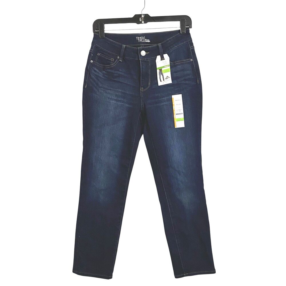 Time & Tru Straight Denim Jeans Womens 8 p Stretch Dark Blue Mid Rise NWT
